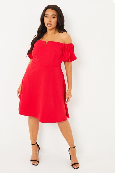 Curve Red Puff Sleeve Bardot Dress